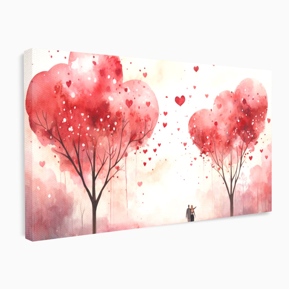 Tablou canvas cu tablou canvas cuplu sub copaci in forma de inima, fara rama, pe sasiu de lemn